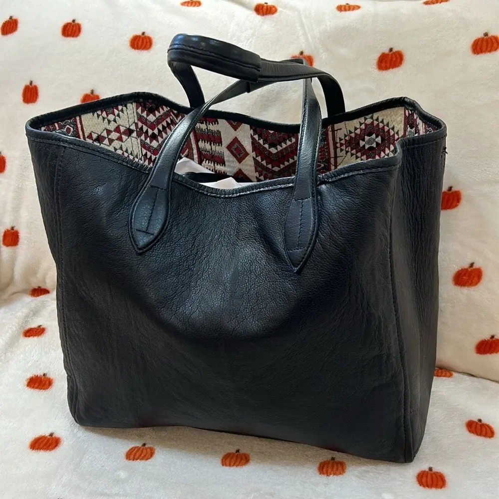 Hobo Tote Shoulder Bag Black Leather Aztec Tribal Fabric Lined Reversible